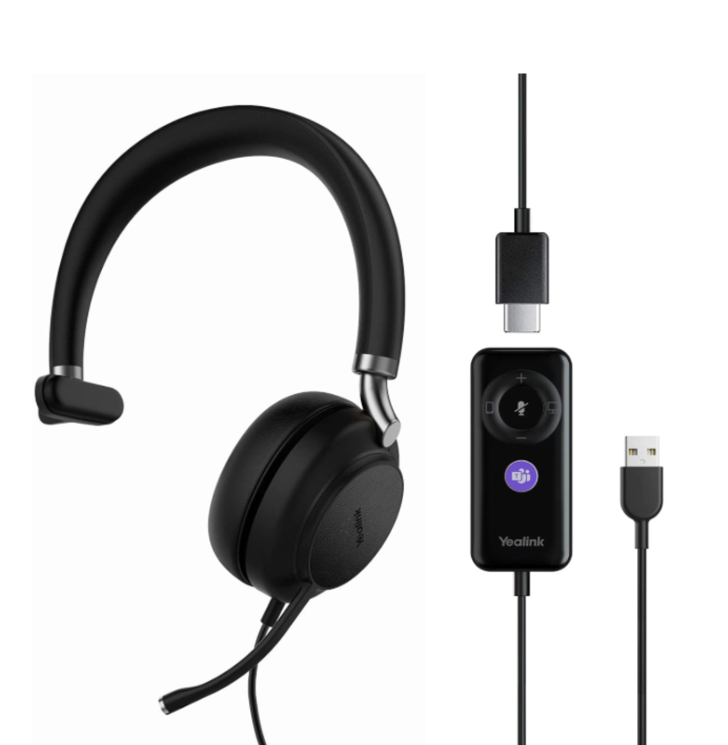 YEALINK - UH38 Mono Teams USB-A, Corded USB or Bluetooth headset/Excluding Battery, On the ear wearing style,  Leather ear cushions-Teams