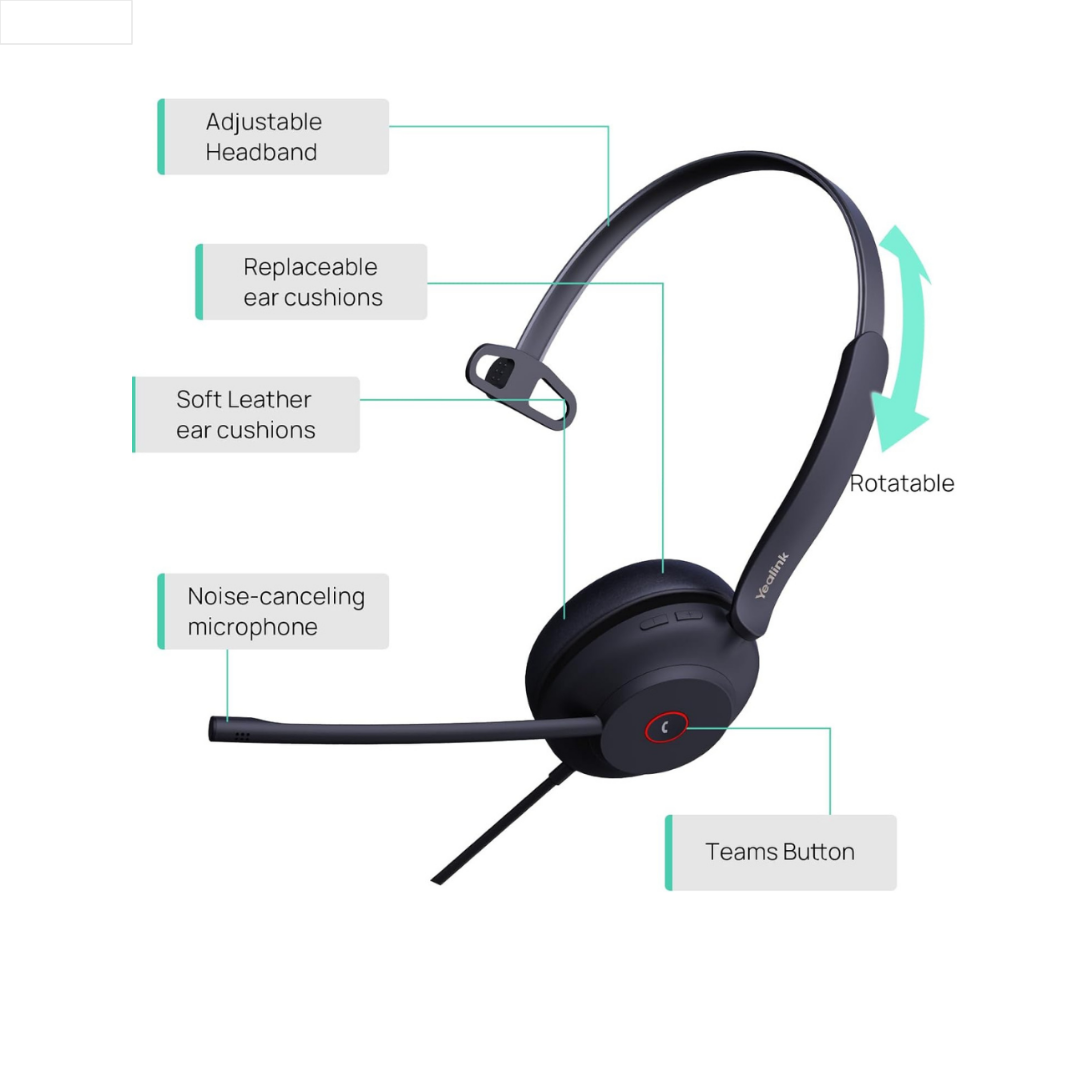 YEALINK - UH34 Lite Mono Teams USB-A, Corded USB with mute, call and volume control on the cord, On the ear wearing style, Foam ear cushions-Teams