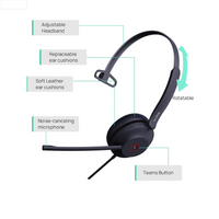 YEALINK - UH34 Lite Mono Teams USB-A, Corded USB with mute, call and volume control on the cord, On the ear wearing style, Foam ear cushions-Teams