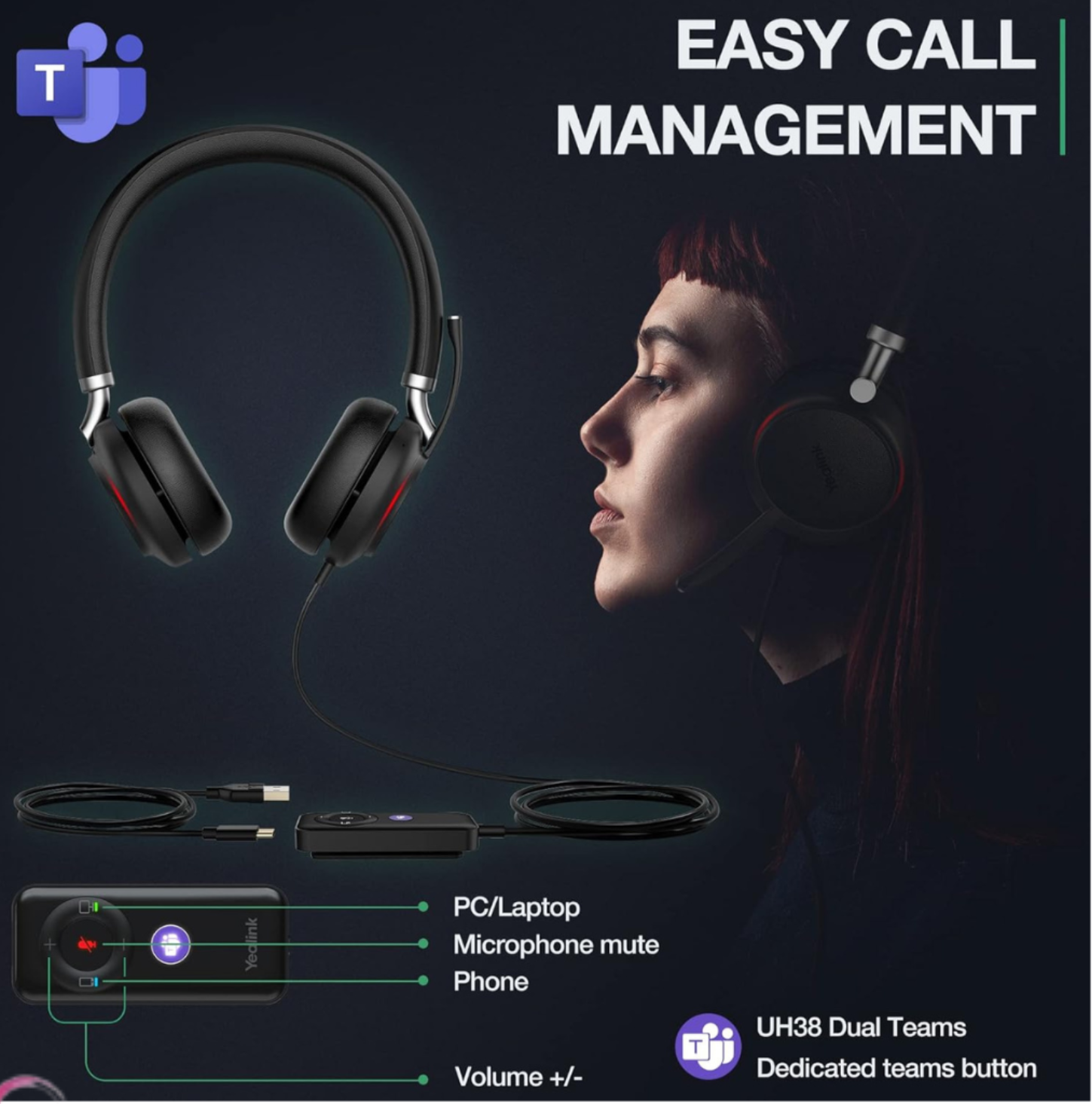 YEALINK - UH38 Dual Teams USB-A, Corded USB or Bluetooth headset/including Battery, On the ear wearing style, Leather ear cushions-Teams