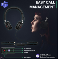 YEALINK - UH38 Dual Teams USB-A, Corded USB or Bluetooth headset/including Battery, On the ear wearing style, Leather ear cushions-Teams