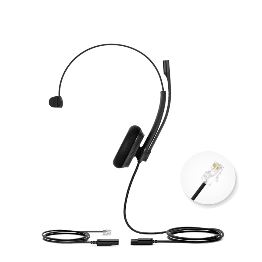YEALINK - YHS34 Mono Corded headset, On the ear wearing style, Including QD-RJ9 cable, Leather ear cushions