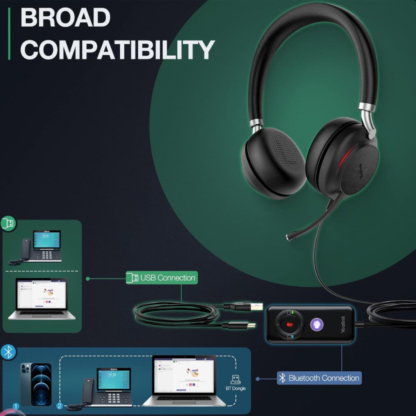 YEALINK - UH38 Dual Teams USB-C, Corded USB or Bluetooth headset/including Battery, On the ear wearing style,  Leather ear cushions-UC