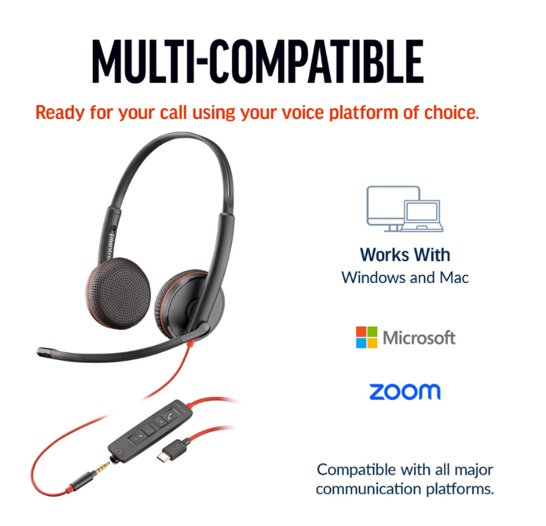 Poly Blackwire 3225 Stereo USB-C Headset +3.5mm Plug +USB-C/A Adapter (Bulk)