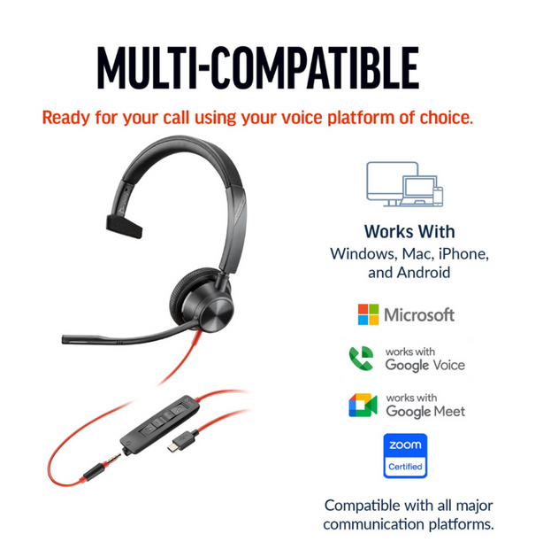 Teams Certified Monaural USB-C Headset - Poly Blackwire 3310