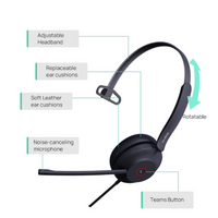 YEALINK - YHS34 Mono Corded headset, On the ear wearing style, Including QD-RJ9 cable, Leather ear cushions