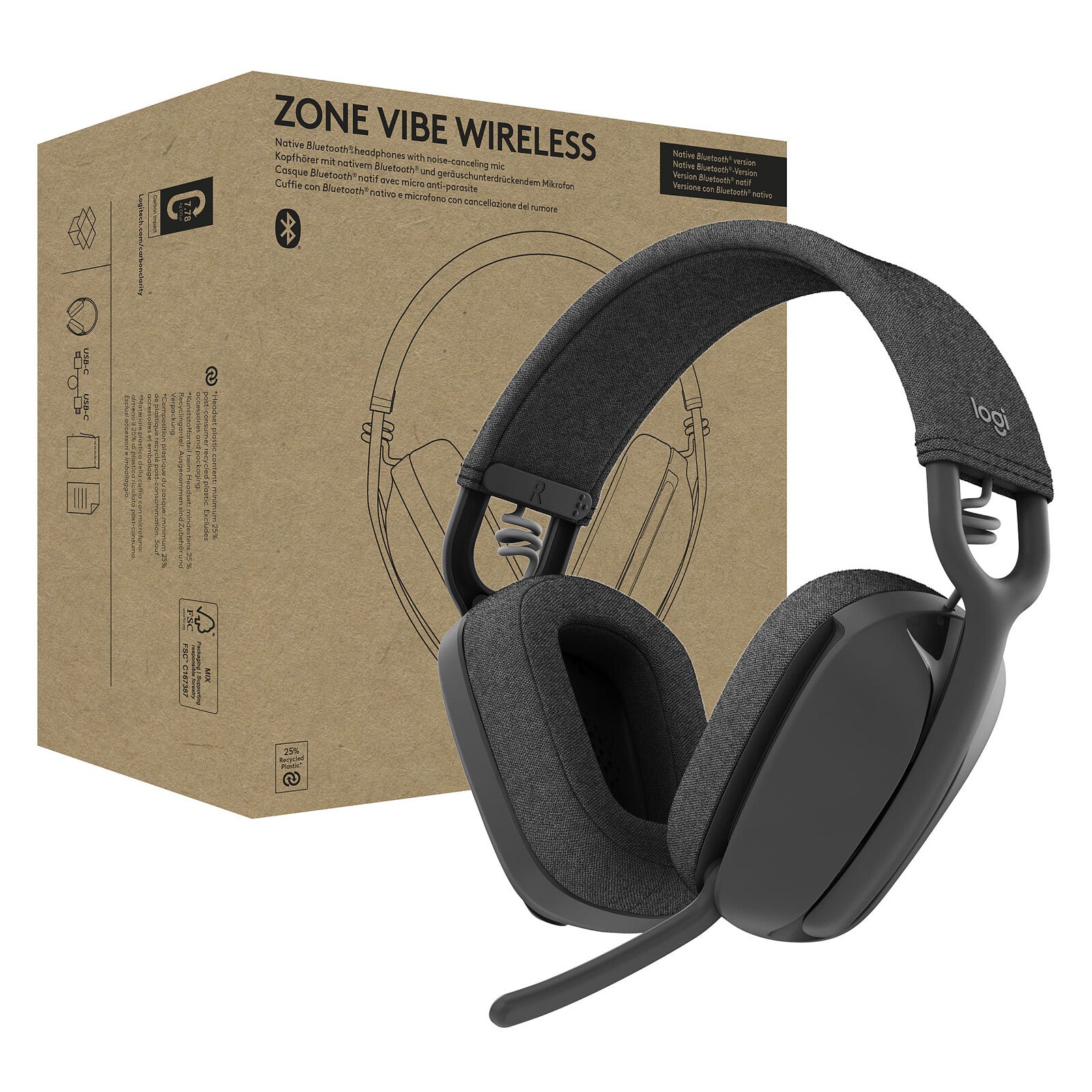 LOGITECH - Zone Vibe Wireless Headset MS - Graphite,MS,MFI - Bluetooth - QUADRUN DG,TEAMS,ZOOM,GOOGLE