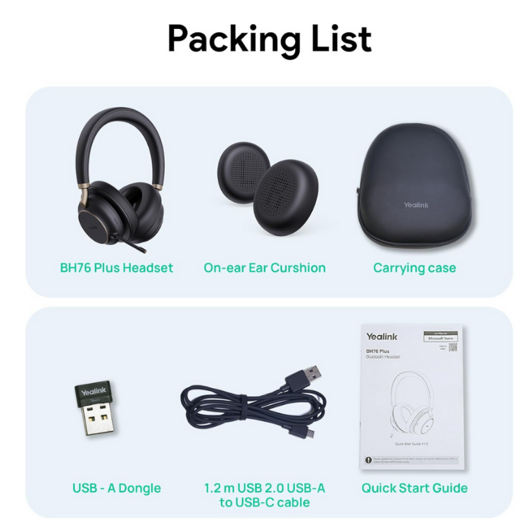 YEALINK - BH72 Teams Black USB-A,  Wireless Bluetooth, Dual, On the ear wearing style, USB-A Dongle Included-Teams